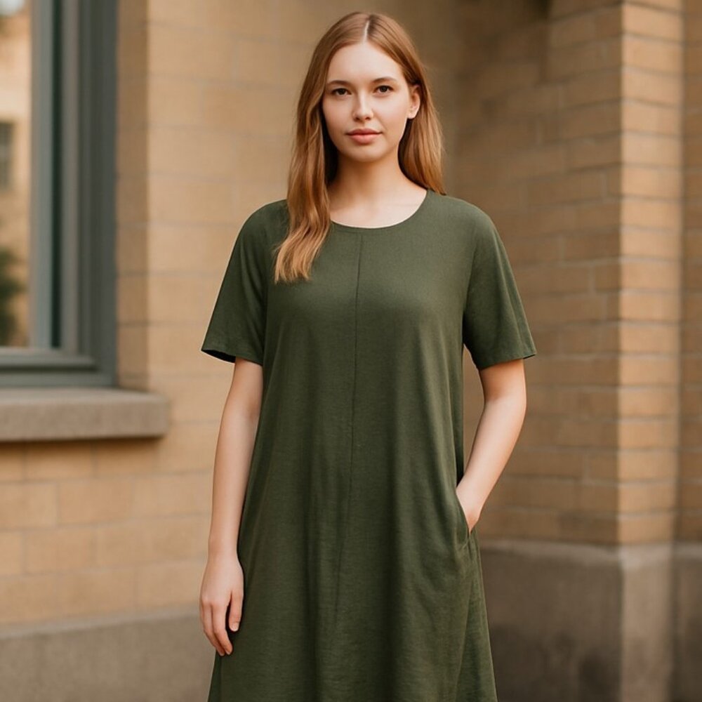 NWOT Chicos Seamed Tee Dress Elbow Sleeve Cotton Slub Knit Green Pocket